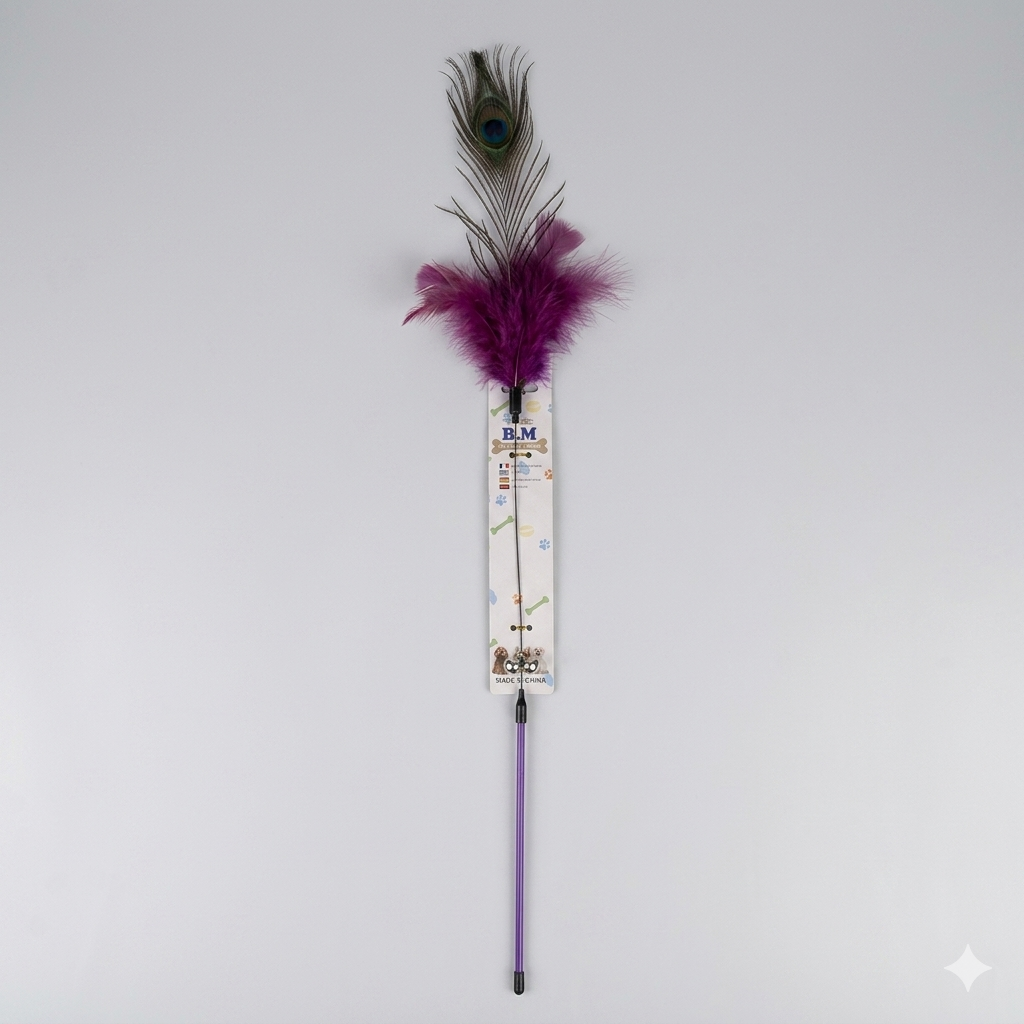 2-in-1 Peacock & Purple Feather Wand Cat Toy with Interactive Jingle Bell