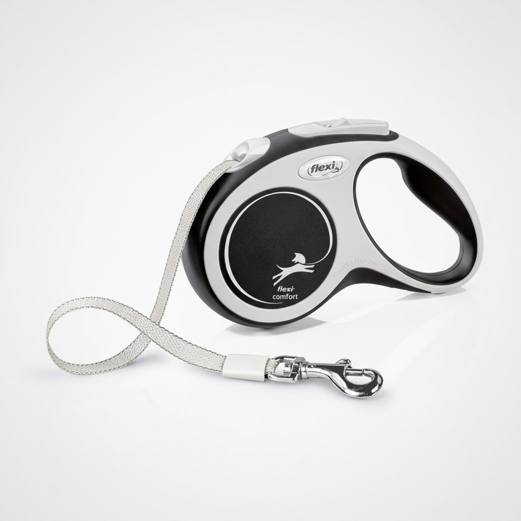 Flexi New Comfort Retractable Tape Dog Lead - Black/Silver, Small 5m (Up to 15 kg)