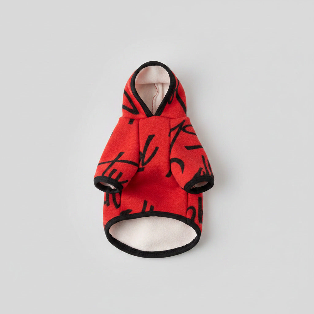 Bold Red Graffiti Pet Hoodie – Cozy Fleece-Lined Winter Wear – XXS