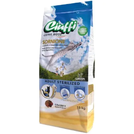 Ciuffi Living Mood Sornione Adult Sterilized with Chicken and flavoured with Vegetables Adult Cats Dry Food 15 Kg